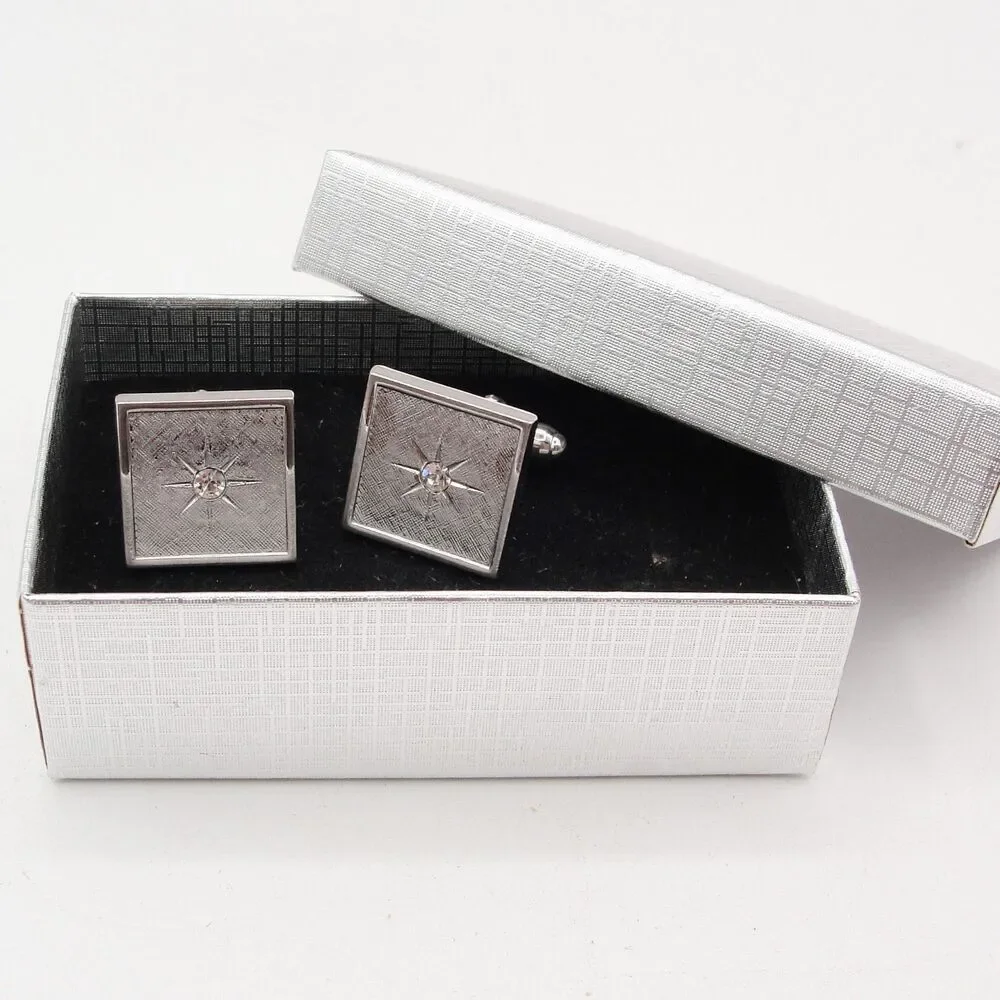 Vintage Anson Silver Tone Square Cufflinks Starburst Clear Rhinestone Atomic MCM